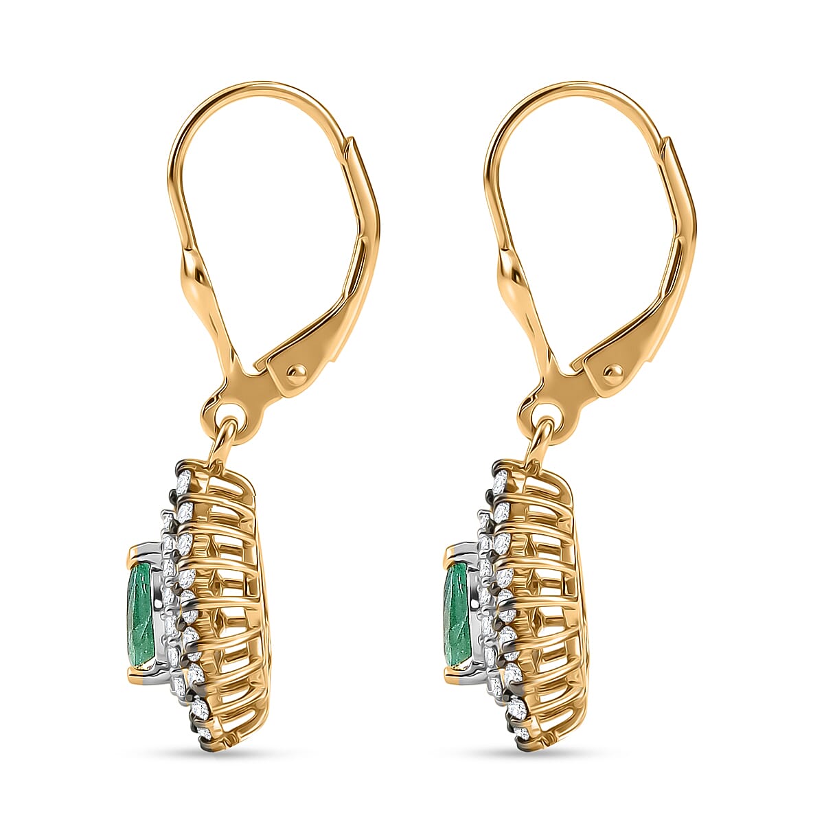 D'Joy Premium Kagem Zambian Emerald, White and Champagne Zircon 1.75 ctw Dewdrop Earrings in 18K Vermeil Yellow Gold Over Sterling Silver
