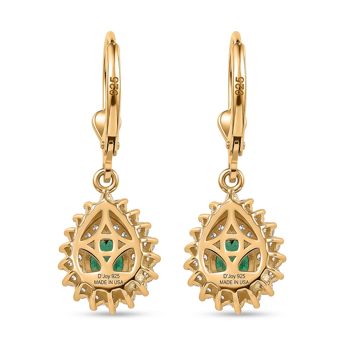 D'Joy Premium Kagem Zambian Emerald, White and Champagne Zircon 1.75 ctw Dewdrop Earrings in 18K Vermeil Yellow Gold Over Sterling Silver