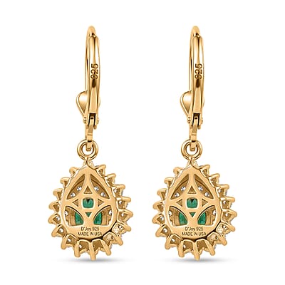 D'Joy Premium Kagem Zambian Emerald, White and Champagne Zircon 1.75 ctw Dewdrop Earrings in 18K Vermeil Yellow Gold Over Sterling Silver