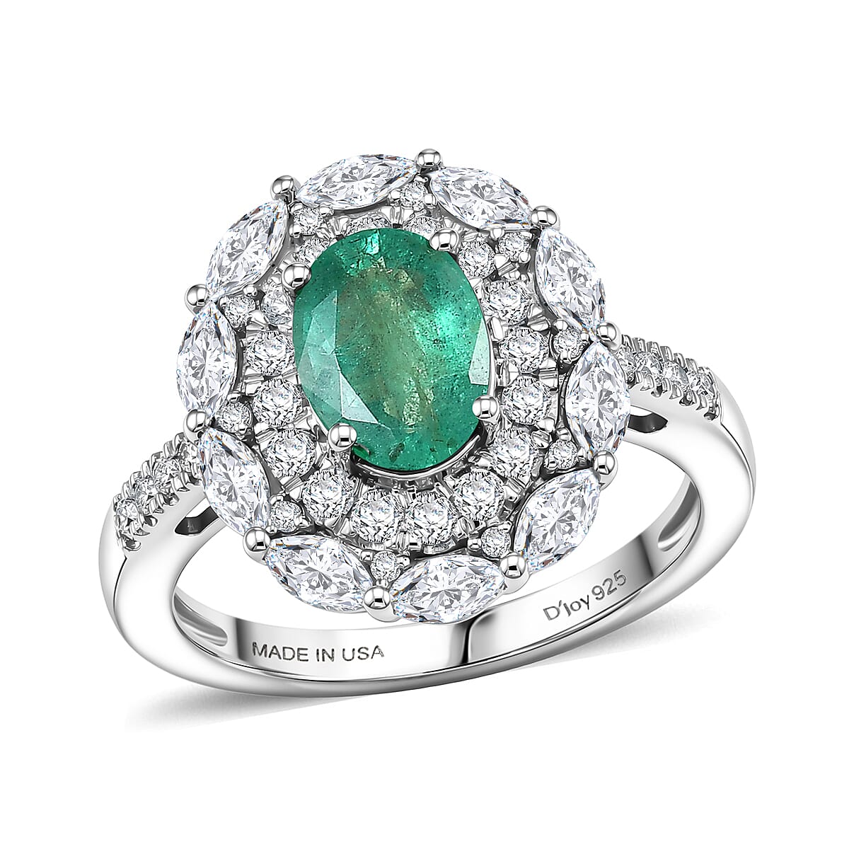 D'Joy Premium Kagem Zambian Emerald and Moissanite 2.20 ctw Empress Ring in Rhodium Over Sterling Silver (Size 6.0)