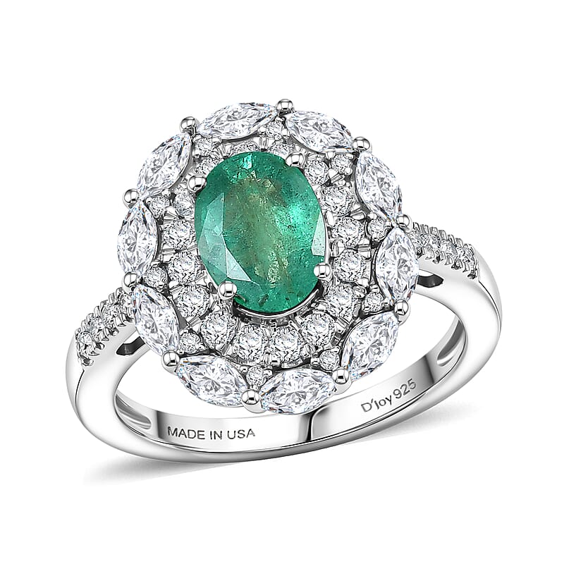 D'Joy Premium Kagem Zambian Emerald and Moissanite 2.20 ctw Empress Ring in Rhodium Over Sterling Silver (Size 6.0)