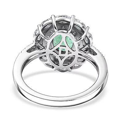 D'Joy Premium Kagem Zambian Emerald and Moissanite 2.20 ctw Empress Ring in Rhodium Over Sterling Silver (Size 6.0)