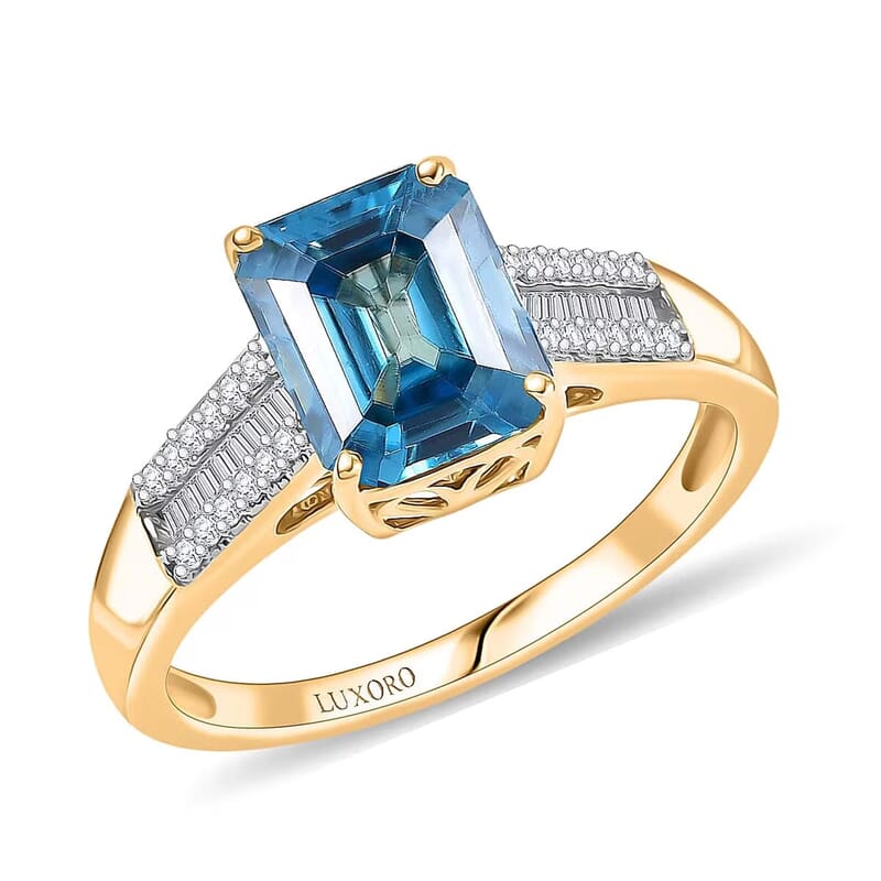 Luxoro AAAA Cambodian Blue Zircon and Diamond I2 4.70 ctw Ocean Crest Ring in 10K Yellow Gold (Size 7.0)