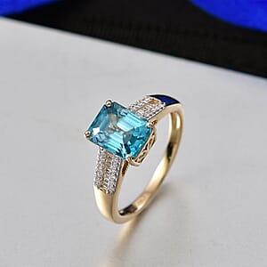 Luxoro AAAA Cambodian Blue Zircon and Diamond I2 4.70 ctw Ocean Crest Ring in 10K Yellow Gold (Size 7.0)