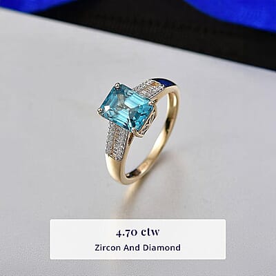 Luxoro AAAA Cambodian Blue Zircon and Diamond I2 4.70 ctw Ocean Crest Ring in 10K Yellow Gold (Size 7.0)
