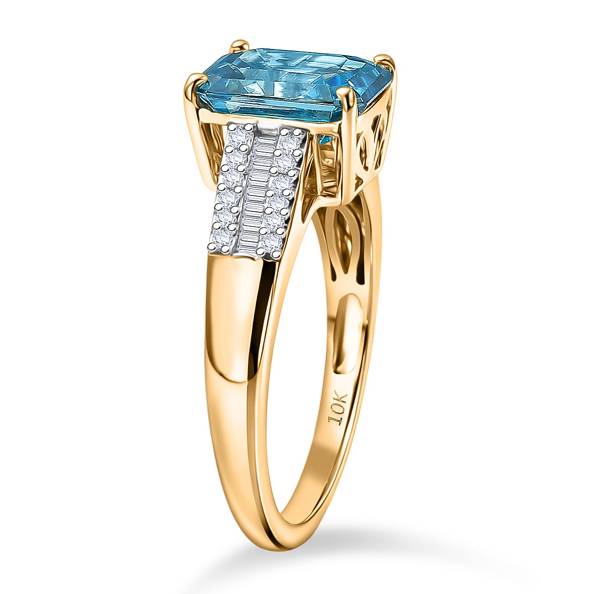 Luxoro AAAA Cambodian Blue Zircon and Diamond I2 4.70 ctw Ocean Crest Ring in 10K Yellow Gold (Size 7.0) image number 3