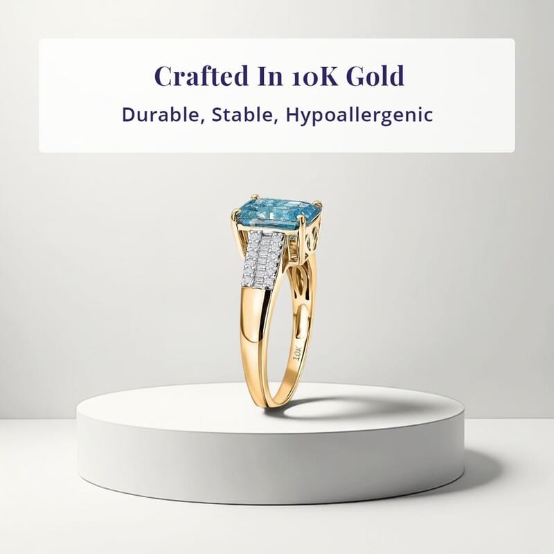 Luxoro AAAA Cambodian Blue Zircon and Diamond I2 4.70 ctw Ocean Crest Ring in 10K Yellow Gold (Size 7.0)