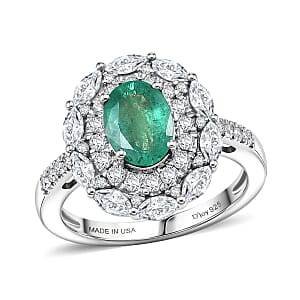 D'Joy Premium Kagem Zambian Emerald and Moissanite 2.20 ctw Empress Ring in Rhodium Over Sterling Silver (Size 7.0)