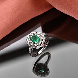 D'Joy Premium Kagem Zambian Emerald and Moissanite 2.20 ctw Empress Ring in Rhodium Over Sterling Silver (Size 7.0)