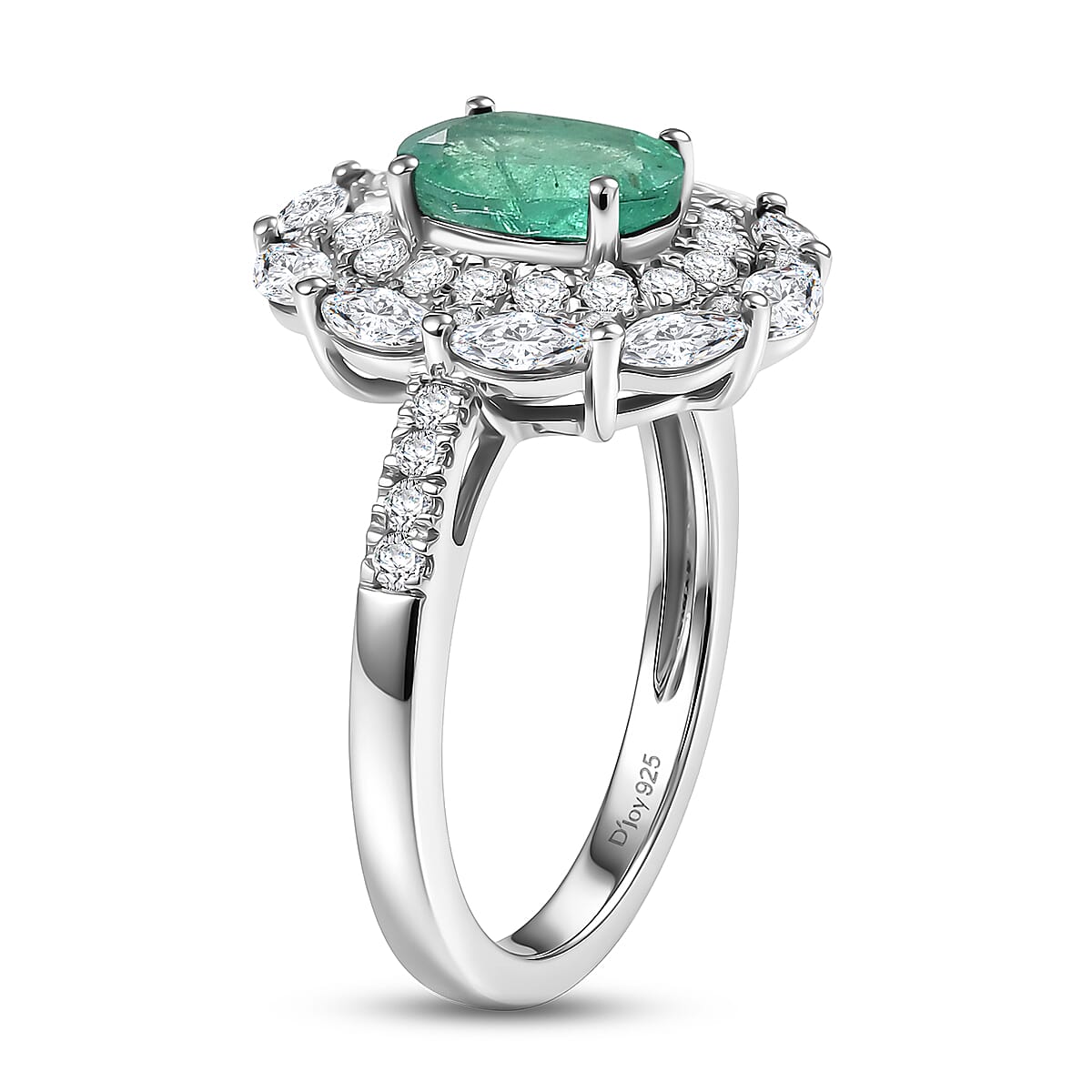 D'Joy Premium Kagem Zambian Emerald and Moissanite 2.20 ctw Empress Ring in Rhodium Over Sterling Silver (Size 8.0) image number 3
