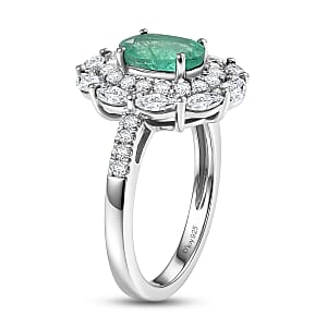 D'Joy Premium Kagem Zambian Emerald and Moissanite 2.20 ctw Empress Ring in Rhodium Over Sterling Silver (Size 9.0)