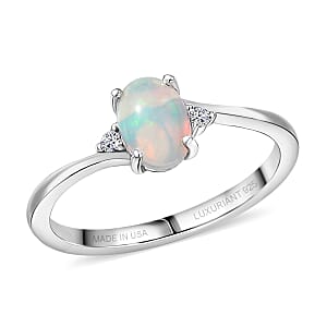Premium Ethiopian Welo Opal, Luxuriant Lab Grown Diamond (G-H, SI) Ring in Rhodium Over Sterling Silver (Size 10.0) 0.60 ctw