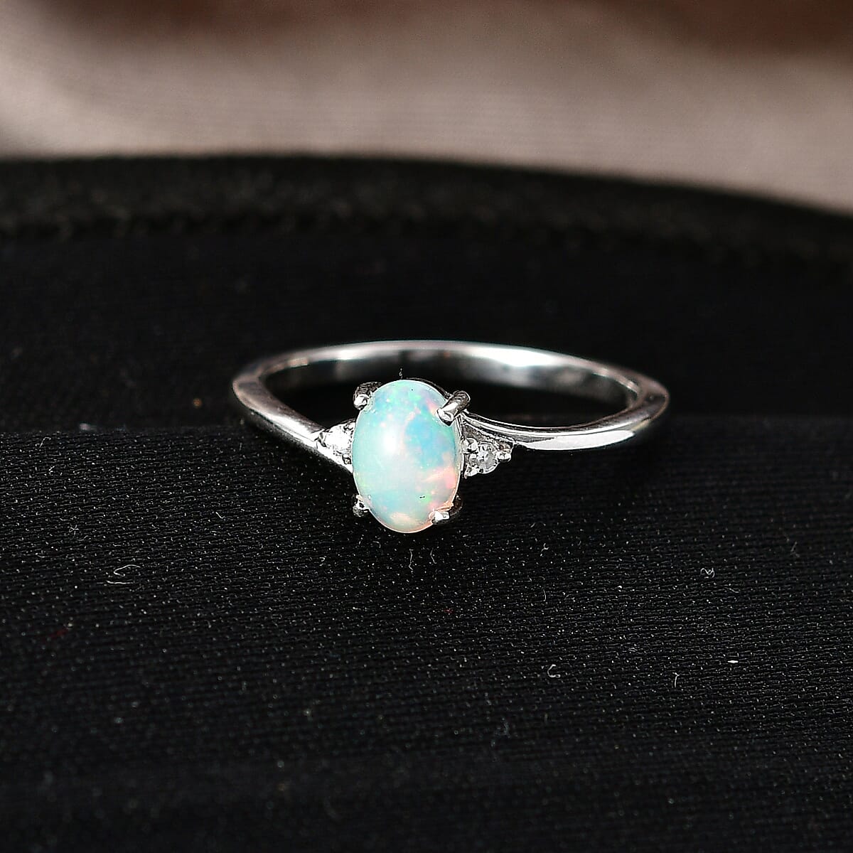 Premium Ethiopian Welo Opal, Luxuriant Lab Grown Diamond (G-H, SI) Ring in Rhodium Over Sterling Silver (Size 10.0) 0.60 ctw image number 1