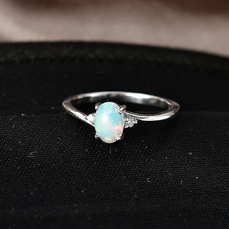 Premium Ethiopian Welo Opal and Luxuriant Lab Grown Diamond G-H SI 0.60 ctw Ring in Rhodium Over Sterling Silver (Size 6.0)