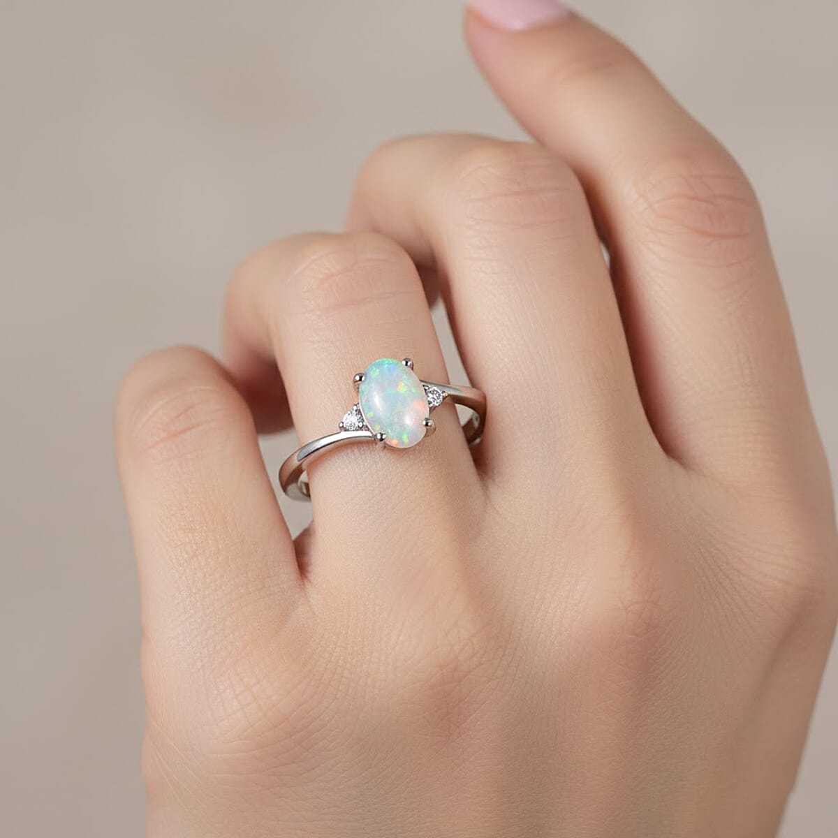 Premium Ethiopian Welo Opal and Luxuriant Lab Grown Diamond G-H SI 0.60 ctw Ring in Rhodium Over Sterling Silver (Size 6.0) image number 2