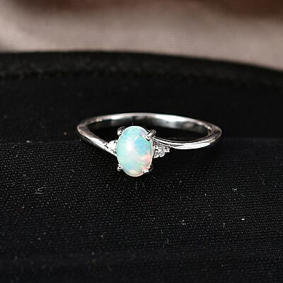 Premium Ethiopian Welo Opal and Luxuriant Lab Grown Diamond G-H SI 0.60 ctw Ring in Rhodium Over Sterling Silver (Size 9.0)