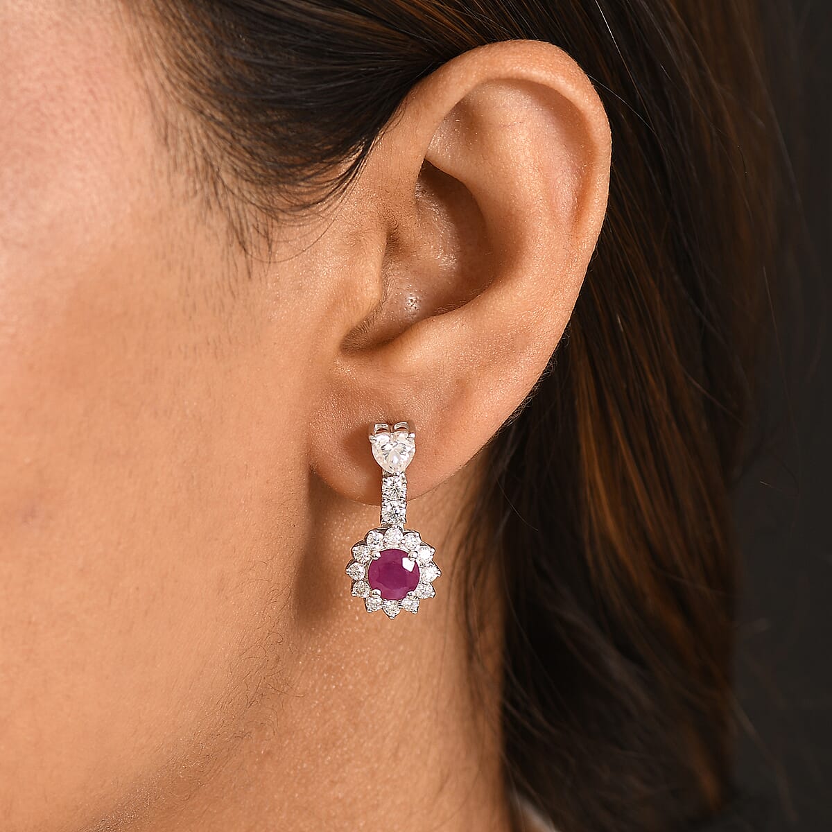 Certified & Appraised D'Joy Premium Montepuez Ruby and Moissanite 4.37 ctw Earrings in Rhodium Over Sterling Silver image number 2