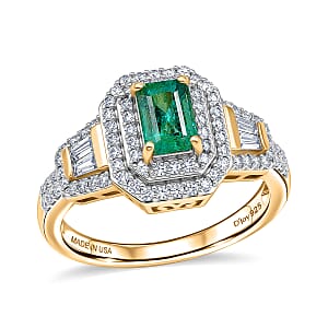 D'Joy Boyaca Colombian Emerald and Moissanite 1.10 ctw Green Flame Halo Ring in 18K Vermeil Yellow Gold Over Sterling Silver (Size 6.0) (Del. In 8-10 Days)