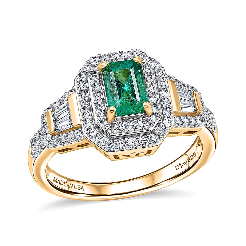D'Joy Boyaca Colombian Emerald and Moissanite 1.10 ctw Green Flame Halo Ring in 18K Vermeil Yellow Gold Over Sterling Silver (Size 6.0)