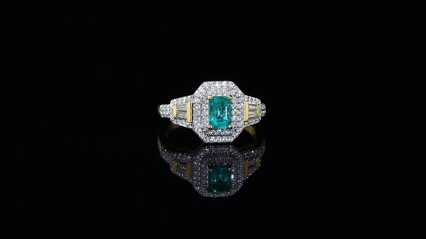 D'Joy Boyaca Colombian Emerald, Moissanite Ring in 18K Vermeil YG Over Sterling Silver (Size 6.0) 1.10 ctw