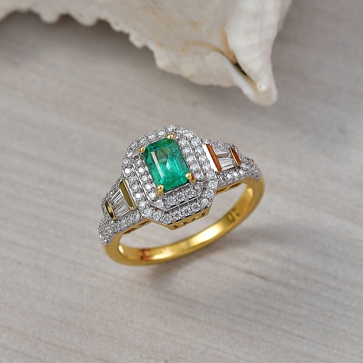 D'Joy Boyaca Colombian Emerald and Moissanite 1.10 ctw Green Flame Halo Ring in 18K Vermeil Yellow Gold Over Sterling Silver (Size 6.0) (Del. In 8-10 Days) image number 1