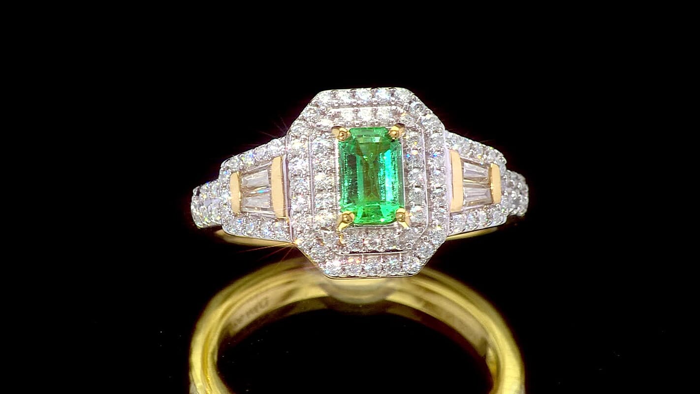 D'Joy Boyaca Colombian Emerald, Moissanite Ring in 18K Vermeil YG Over Sterling Silver (Size 6.0) 1.10 ctw