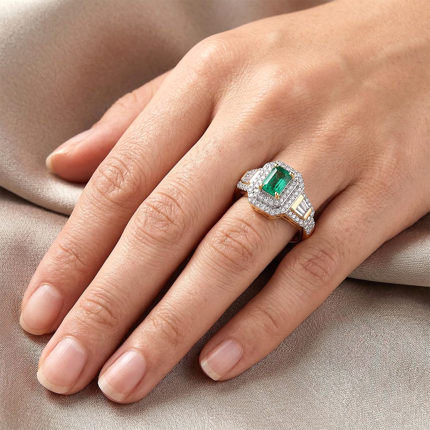 D'Joy Boyaca Colombian Emerald and Moissanite 1.10 ctw Green Flame Halo Ring in 18K Vermeil Yellow Gold Over Sterling Silver (Size 6.0)