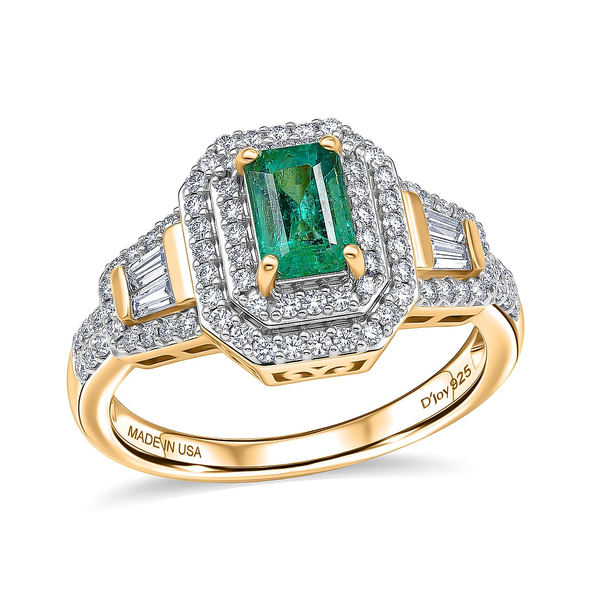 D'Joy Boyaca Colombian Emerald and Moissanite 1.10 ctw Green Flame Halo Ring in 18K Vermeil Yellow Gold Over Sterling Silver (Size 7.0)