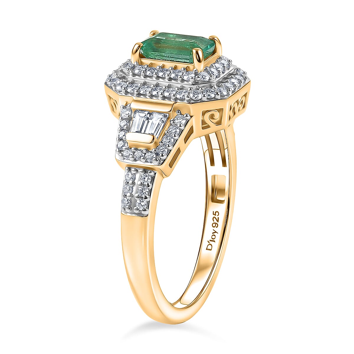 D'Joy Boyaca Colombian Emerald and Moissanite 1.10 ctw Green Flame Halo Ring in 18K Vermeil Yellow Gold Over Sterling Silver (Size 7.0) image number 3