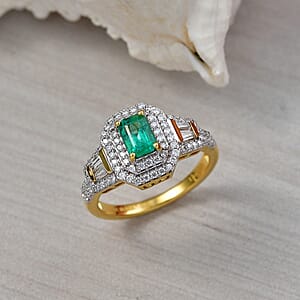 D'Joy Boyaca Colombian Emerald and Moissanite 1.10 ctw Green Flame Halo Ring in 18K Vermeil Yellow Gold Over Sterling Silver (Size 8.0)