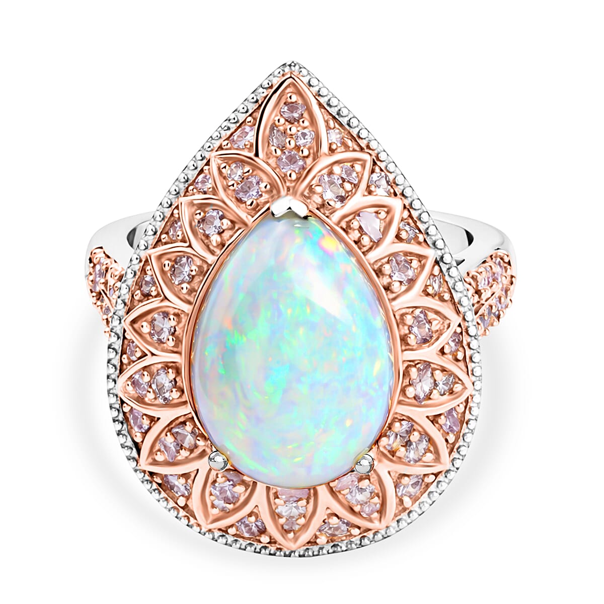D'Joy AAA Ethiopian Welo Opal and Natural Pink Diamond 4.00 ctw Ring in Rhodium Over Sterling Silver