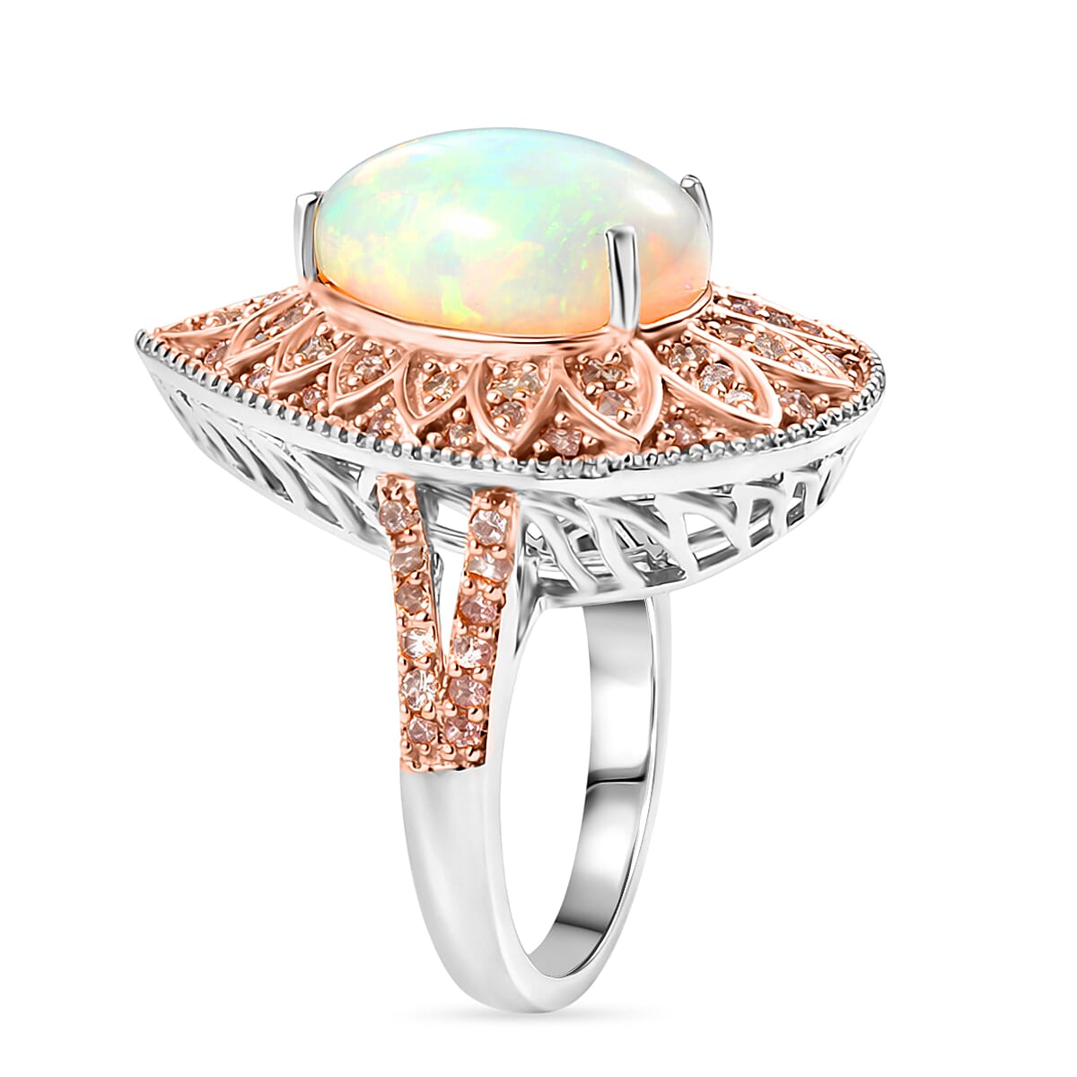 D'Joy AAA Ethiopian Welo Opal and Natural Pink Diamond 4.00 ctw Ring in Rhodium Over Sterling Silver