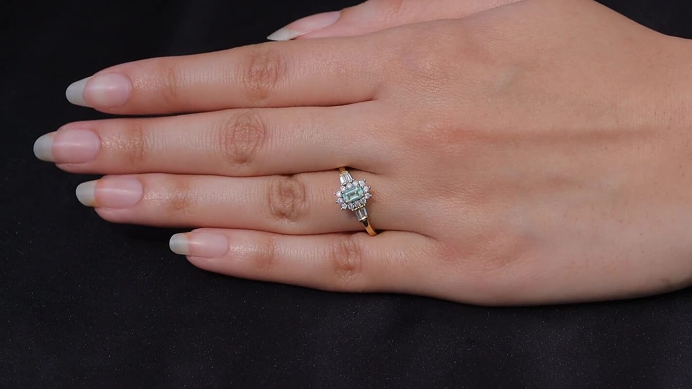 D'Joy Boyaca Colombian Emerald, Moissanite Ring in 18K Vermeil YG Over Sterling Silver (Size 10.0) 0.80 ctw