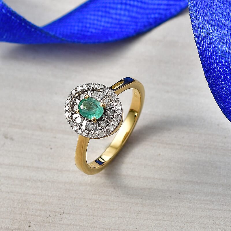 D'Joy Boyaca Colombian Emerald and Diamond 0.65 ctw Green Fire Burst Ring in 18K Vermeil Yellow Gold Over Sterling Silver (Size 7.0)