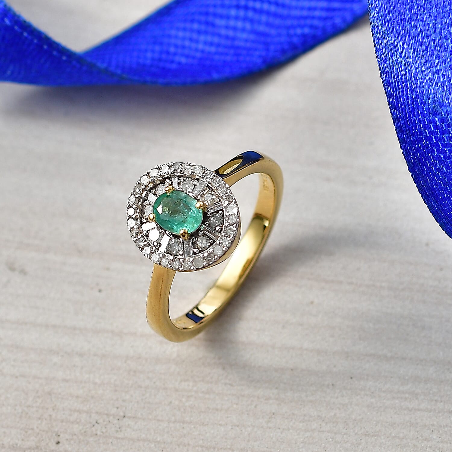 D'Joy Boyaca Colombian Emerald, Diamond (0.33 cts) Ring in 18K Vermeil YG Over Sterling Silver (Size 6.0) 0.65 ctw