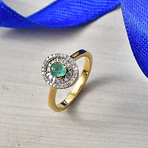 D'Joy Boyaca Colombian Emerald and Diamond 0.65 ctw Green Fire Burst Ring in 18K Vermeil Yellow Gold Over Sterling Silver (Size 9.0)
