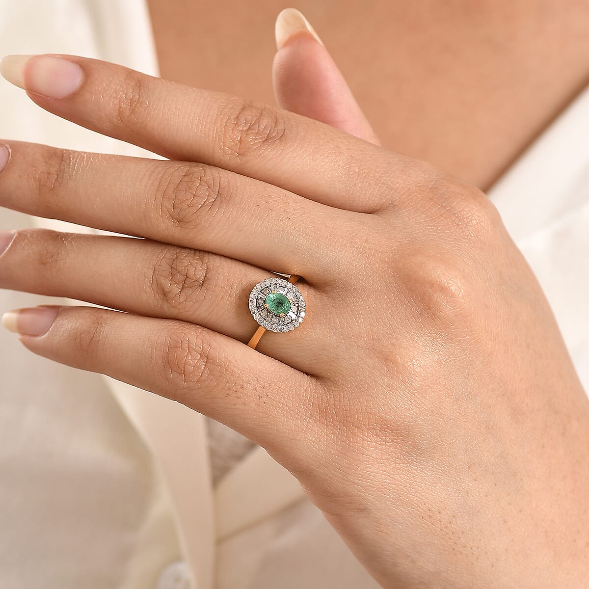 D'Joy Boyaca Colombian Emerald and Diamond 0.65 ctw Green Fire Burst Ring in 18K Vermeil Yellow Gold Over Sterling Silver (Size 9.0) image number 2