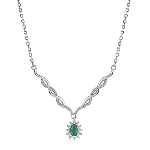D'Joy Boyaca Colombian Emerald and Moissanite 0.80 ctw Flame Drop Necklace in Rhodium Over Sterling Silver 18-20 Inches 