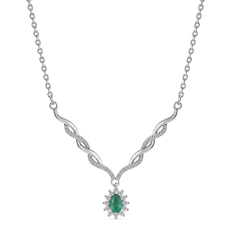 D'Joy Boyaca Colombian Emerald and Moissanite 0.80 ctw Flame Drop Necklace in Rhodium Over Sterling Silver 18-20 Inches