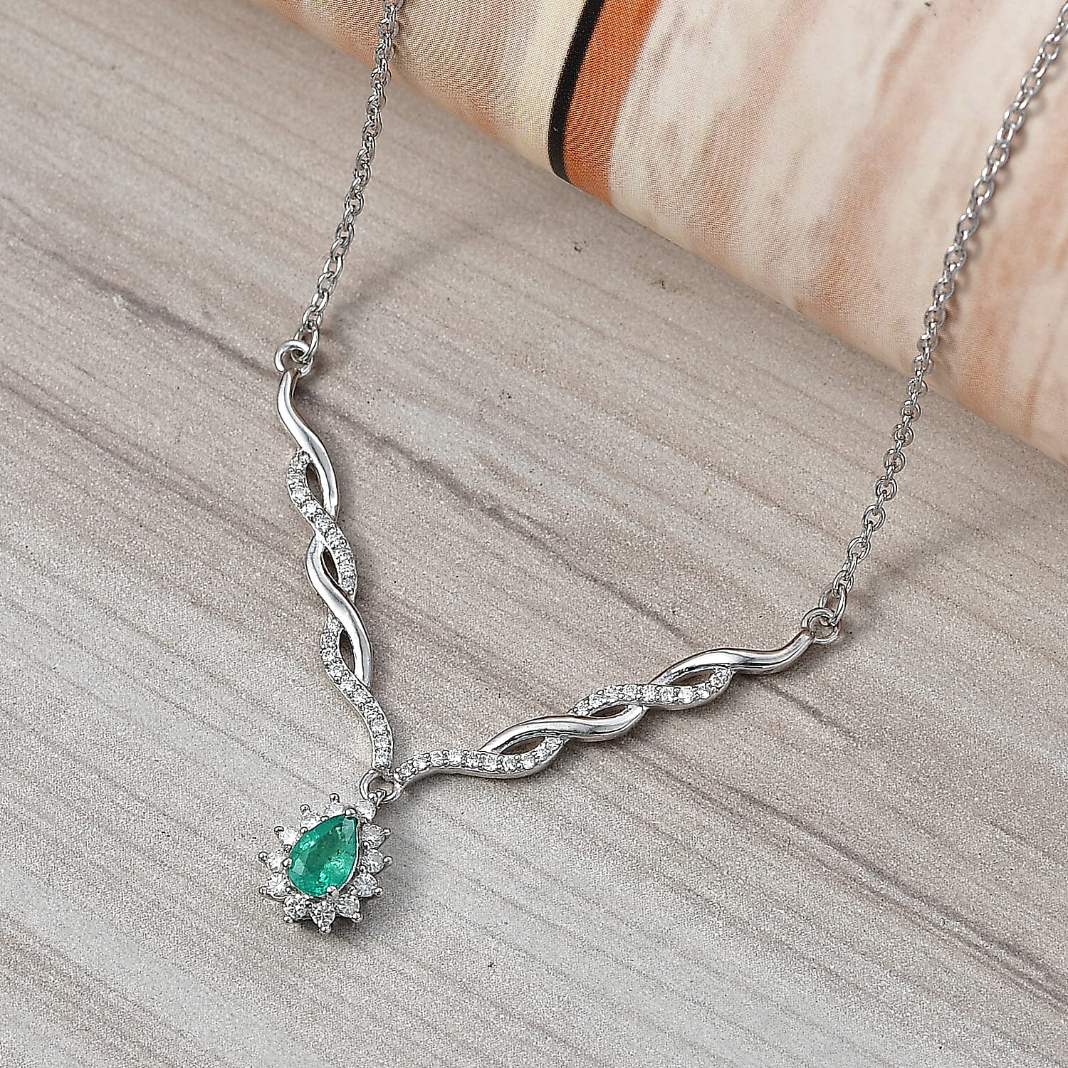 D'Joy Boyaca Colombian Emerald and Moissanite 0.80 ctw Flame Drop Necklace in Rhodium Over Sterling Silver 18-20 Inches