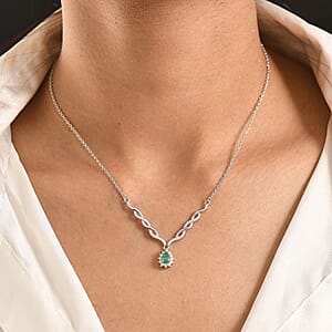 D'Joy Boyaca Colombian Emerald and Moissanite 0.80 ctw Flame Drop Necklace in Rhodium Over Sterling Silver 18-20 Inches 