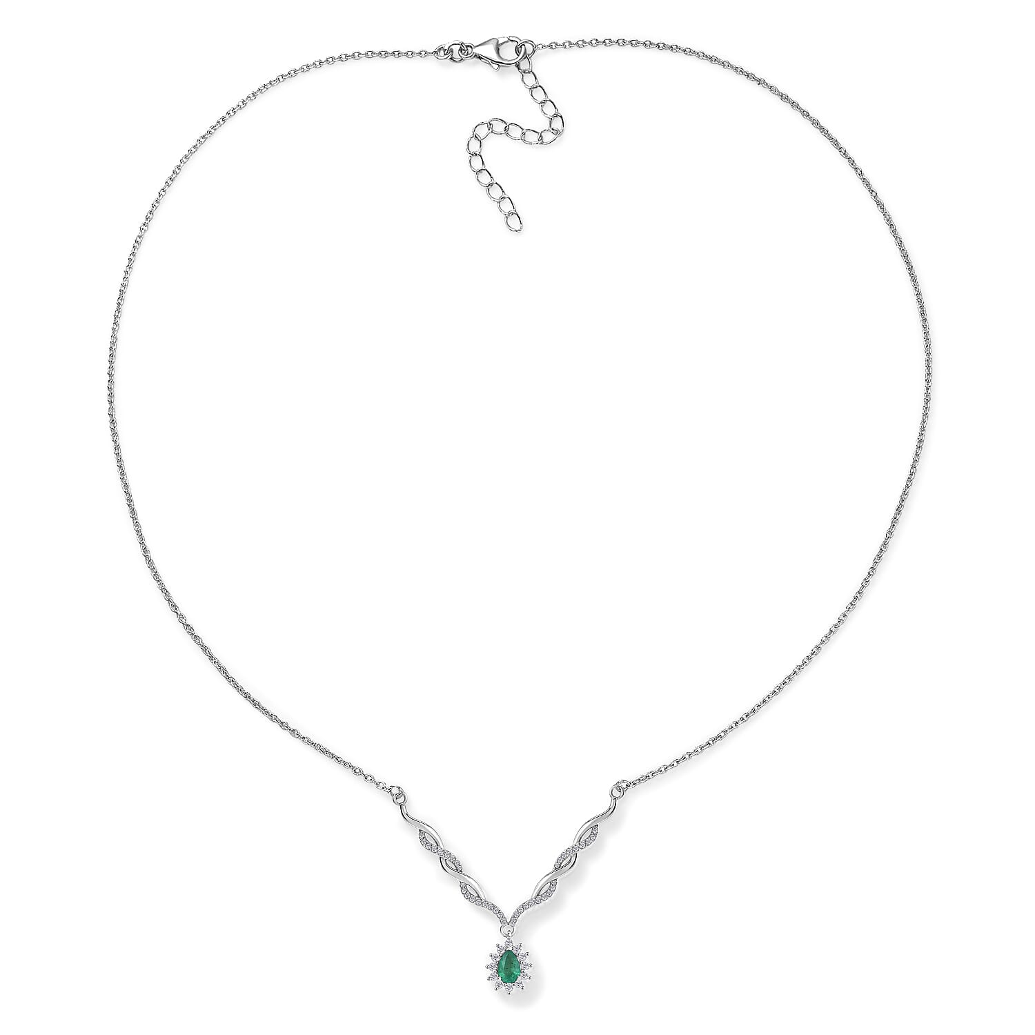 D'Joy Boyaca Colombian Emerald and Moissanite 0.80 ctw Flame Drop Necklace in Rhodium Over Sterling Silver 18-20 Inches