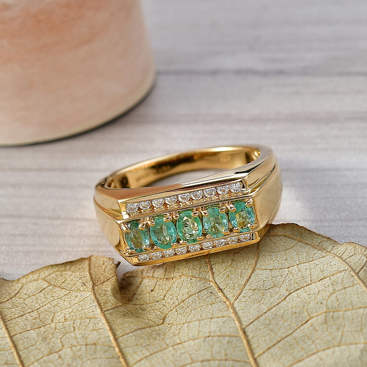 D'Joy Boyaca Colombian Emerald and Moissanite 1.20 ctw Men's Ring in 18K Vermeil Yellow Gold Over Sterling Silver (Size 9.0) image number 1