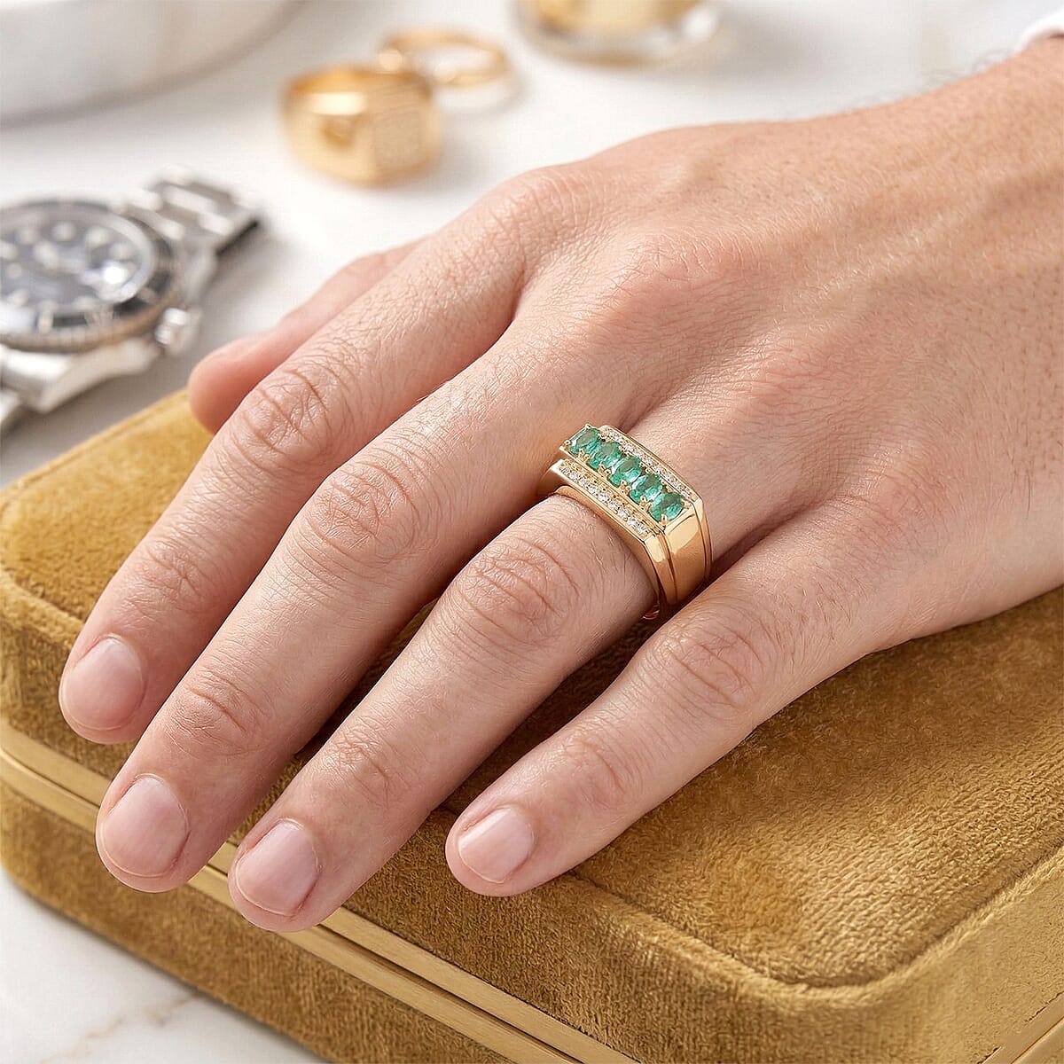 D'Joy Boyaca Colombian Emerald and Moissanite 1.20 ctw Men's Ring in 18K Vermeil Yellow Gold Over Sterling Silver (Size 9.0) image number 2