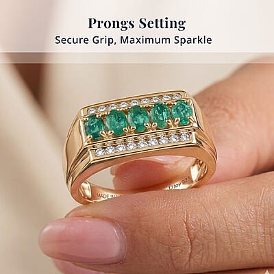 D'Joy Boyaca Colombian Emerald and Moissanite 1.20 ctw Men's Ring in 18K Vermeil Yellow Gold Over Sterling Silver (Size 9.0)