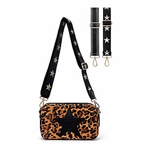 Closeout Vintage Havana Brown Leopard Star Faux Leather Crossbody Bag with Interchangeable Strap