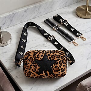 Closeout Vintage Havana Brown Leopard Star Faux Leather Crossbody Bag with Interchangeable Strap