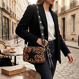 Closeout Vintage Havana Brown Leopard Star Faux Leather Crossbody Bag with Interchangeable Strap