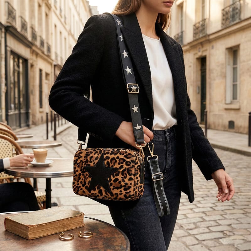 Closeout Vintage Havana Brown Leopard Star Faux Leather Crossbody Bag with Interchangeable Strap