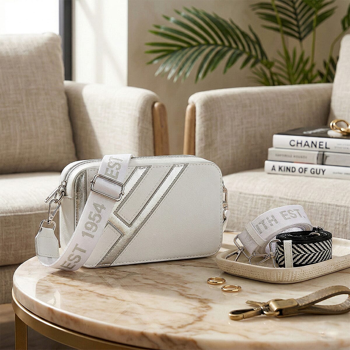 Closeout Vintage Havana White Star Faux Leather Crossbody Bag with Interchangeable Strap image number 1